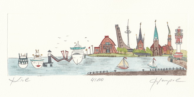Kiel 600 / Monika Hempel/Originalradierung handcoloriert