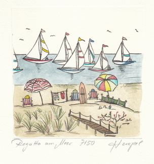 Regatta am Meer636 / Monika Hempel/Originalradierung handcoloriert signiert