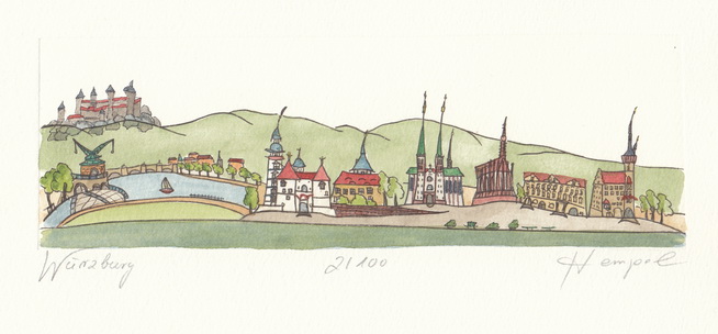 Würzburg 614 / Monika Hempel / Originalradierung handcoloriert