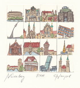 Nürnberg 501 / Monika Hempel/Originalradierung handcoloriert signiert
