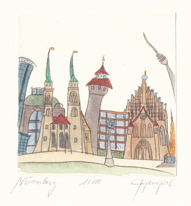 Nürnberg 503 / Monika Hempel / Originalradierung handcoloriert signiert