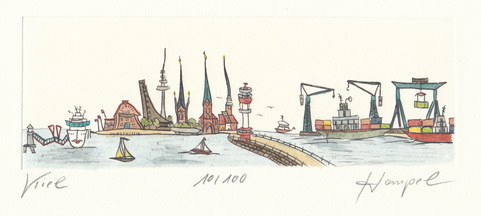Kiel 604 / Monika Hempel / Originalradierung handcoloriert signiert