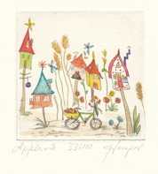 Apfelernte klein 371 / Monika Hempel / Originalradierung handcoloriert signiert