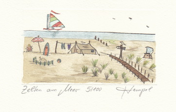 Zelten am Meer 635 / Monika Hempel / Originalradierung handcoloriert signiert