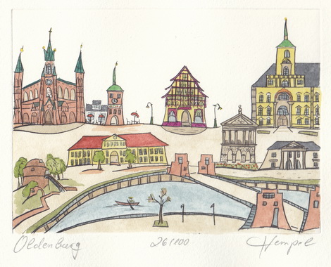Oldenburg 523 / Monika Hempel / Originalradierung handcoloriert signiert