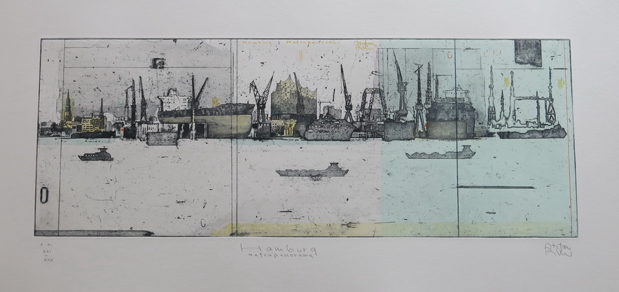 Hamburg Hafenpanorama 113170   / Stefan Becker/Originalradierung handcoloriert signiert